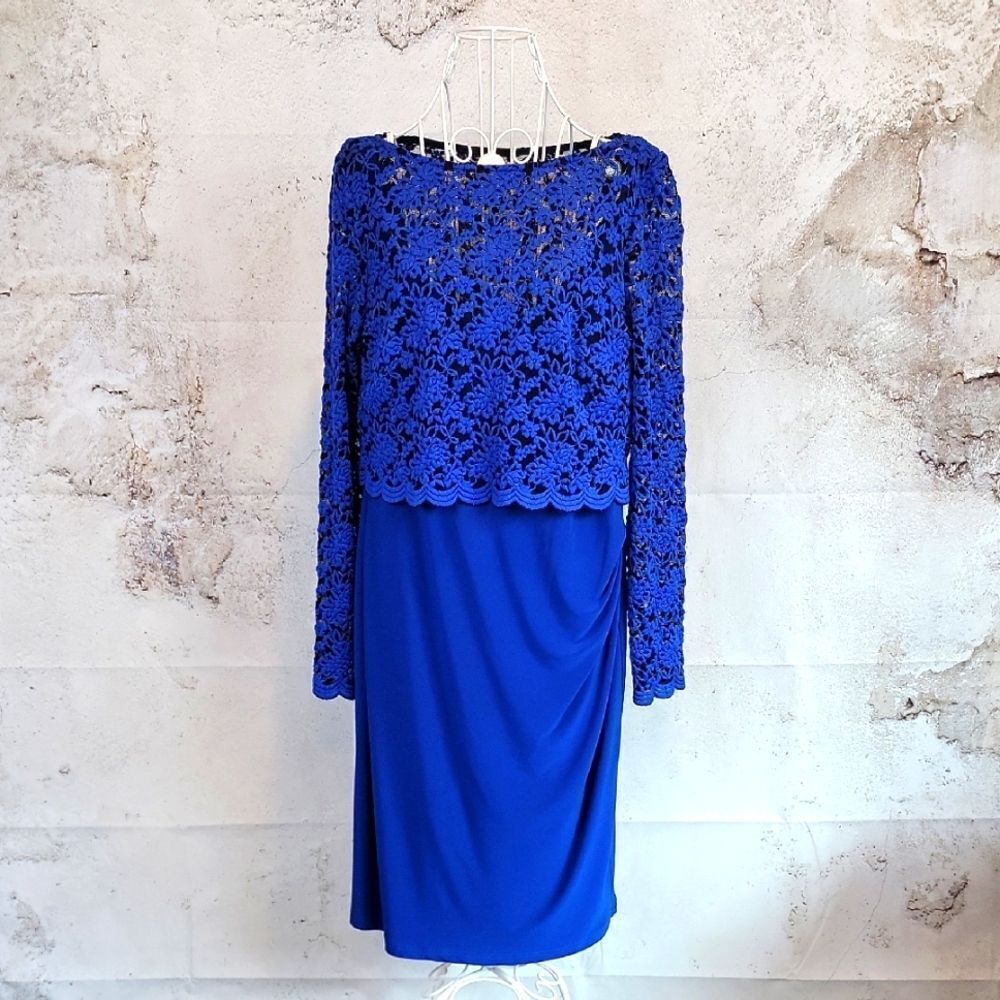 Cartise Elegant Blue Lace Overlay Midi Dress Womens Size 12
